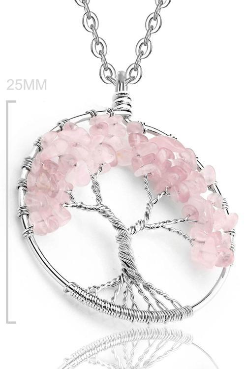 Sertifikalı Doğal Pembe Kuvars Taşı Hayat Ağacı Kolye