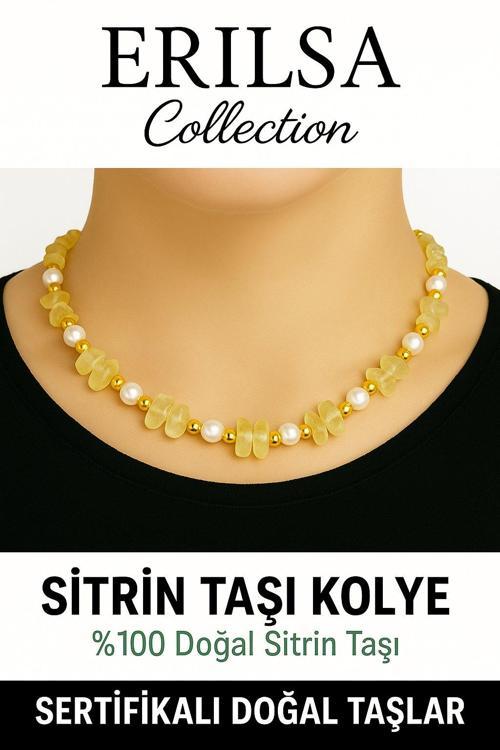 Sertifikalı Kırık Taşlı Model İnci – Sitrin Taşı Kolye – Pozitif Enerji ve Bolluk
