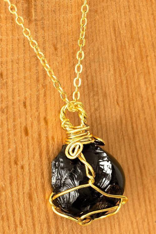 Sertifikalı Ham Tel Sargılı Obsidyen Taşı Kolye - Altın Kaplama