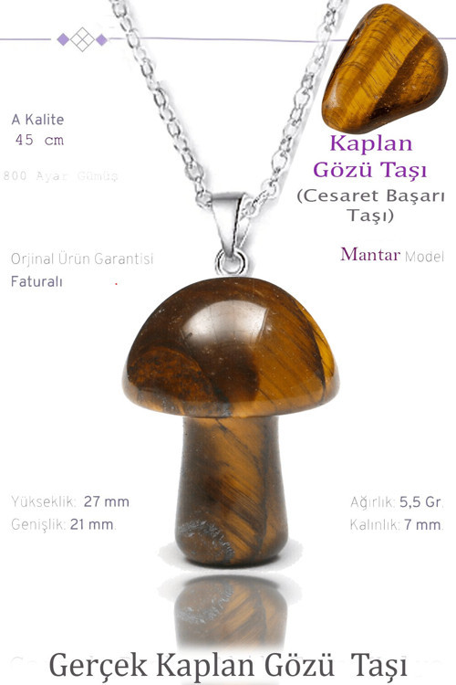 Sertifikalı Mantar Model Kaplan Gözü Taşı Kolye - Gümüş Aparatlı