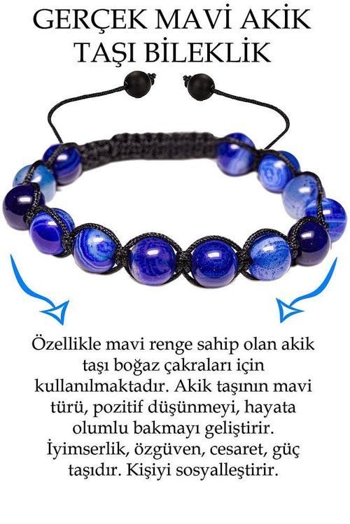 Sertifikalı Damarlı Mavi Akik Taşı Bileklik - Makrome