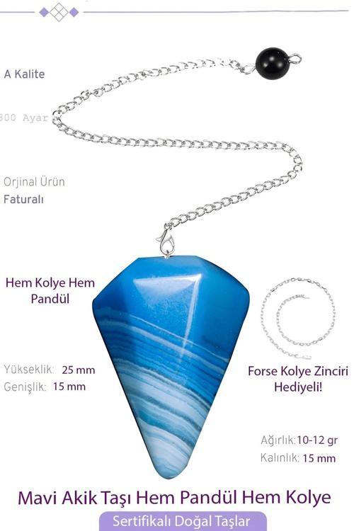 Sertifikalı Mavi Akik Taşı Pandül Sarkaç Hem Pandül - Hem Kolye