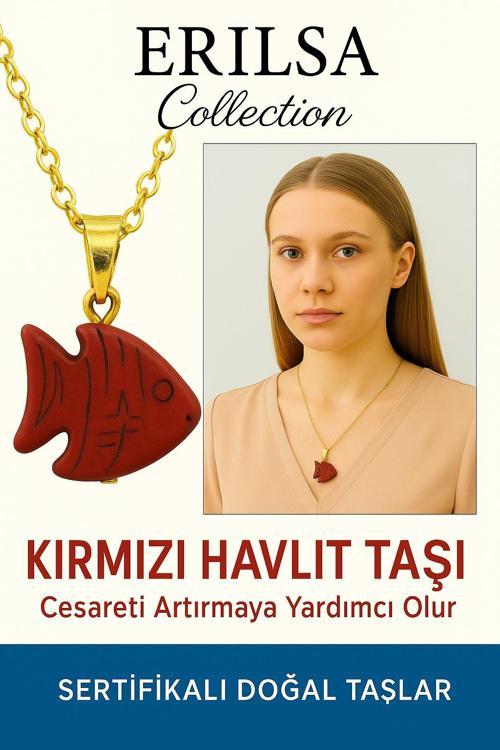 Sertifikalı Sarı Renkli Balık Model Kırmızı Havlit Taşı Kolye