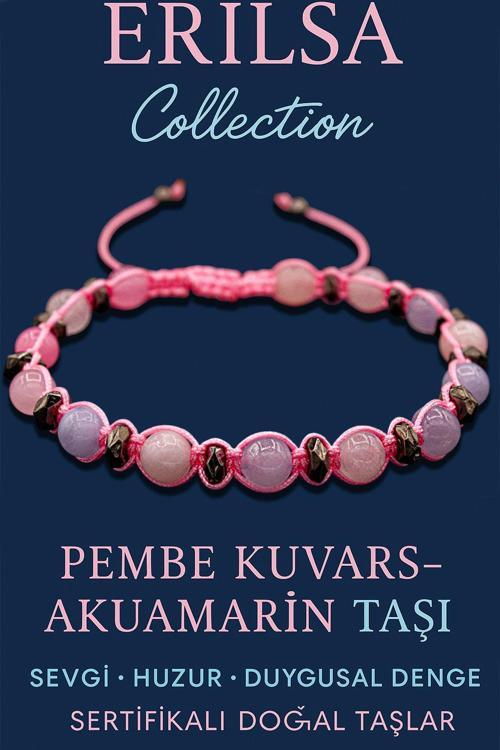Sertifikalı Makrome Akuamarin ve Pembe Kuvars Bileklik – Sevgi ve Şifa Enerjisi