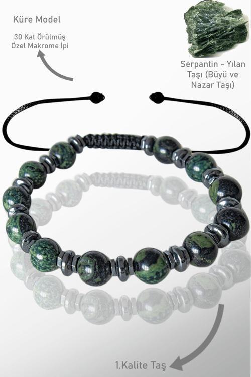 Sertifikalı Gerçek Hematit - Serpantin Taşı Bileklik - Ayarlamalı