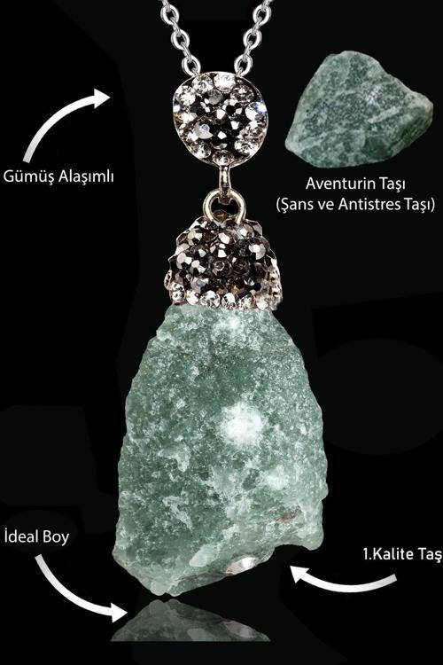Sertifikalı Zirkon Taşlı Ham İşlenmemiş Aventurin Taşı Kolye