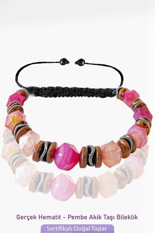 Sertifikalı Elmas Kesim Rose Hematit - Pembe Akik Taşı Bileklik