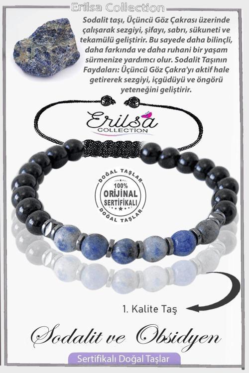Sertifikalı Gerçek Obsidyen - Hematit - Sodalit Taşı Bileklik