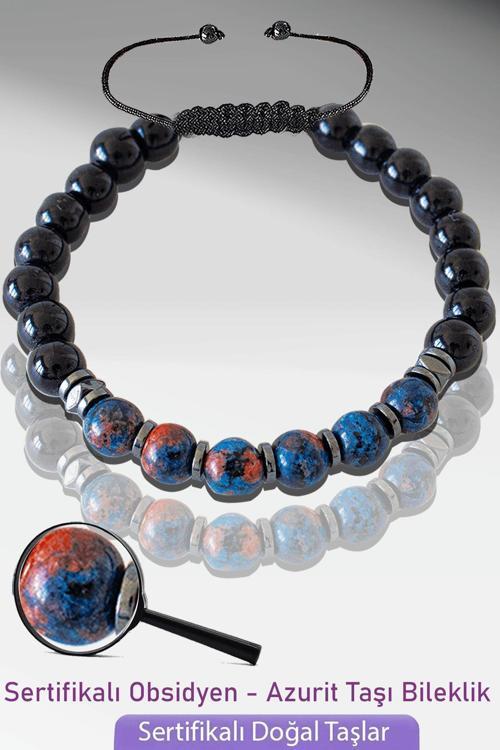  Sertifikalı Gerçek Doğal Obsidyen - Azurit Taşı Bileklik - Ayarlamalı