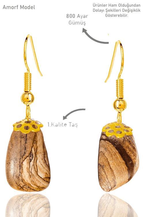 Sertifikalı Amorf Model Ham Kahverengi Jasper Taşı Küpe - Gold Renkli