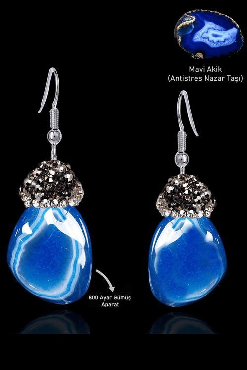 Sertifikalı Zirkon Taşlı Model Ham Mavi Akik Taşı Küpe