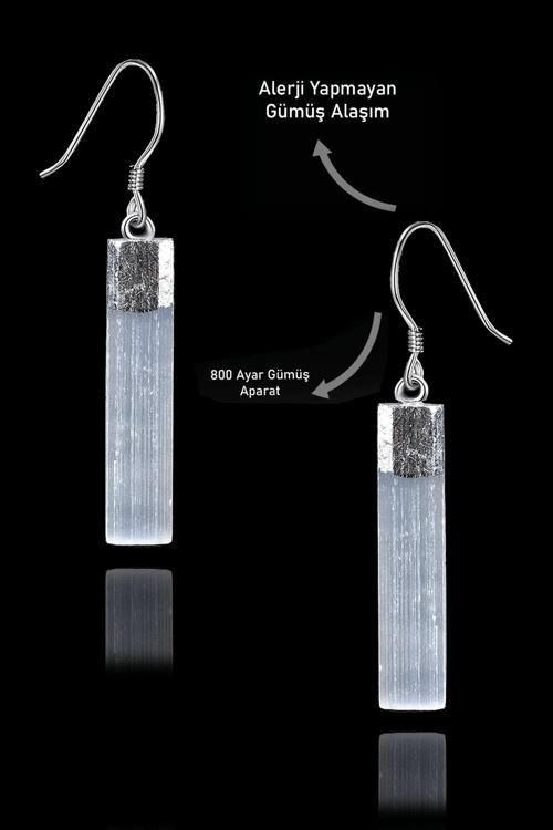 Sertifikalı Ham İşlenmemiş Selenit Taşı Küpe - Gümüş Aparatlı