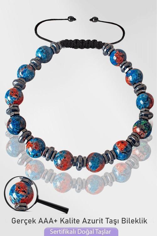 Sertifikalı Silver Hematitli Doğal Azurit Taşı Bileklik - Ayarlamalı