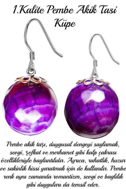 Sertifikalı Mor Akik Taşı Doğal Taş Küpe