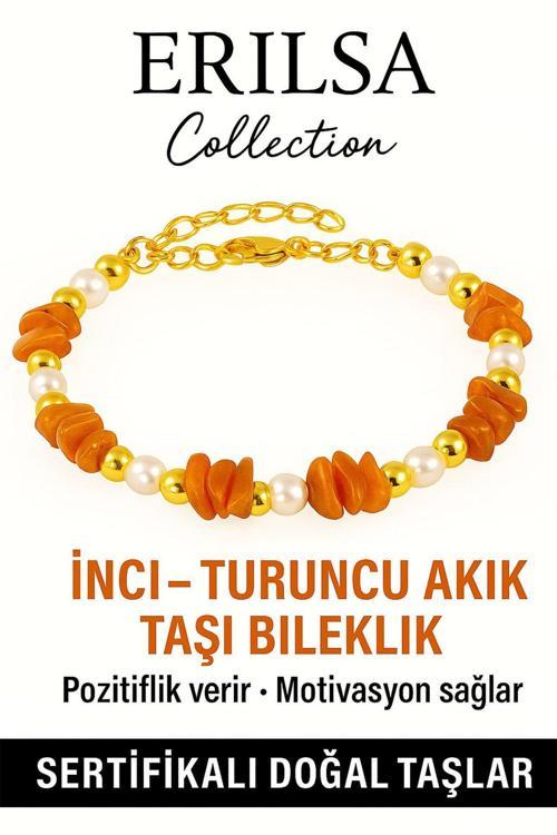 Sertifikalı İnci ve Turuncu Akik Taşı Bileklik – Enerji ve Zarafet
