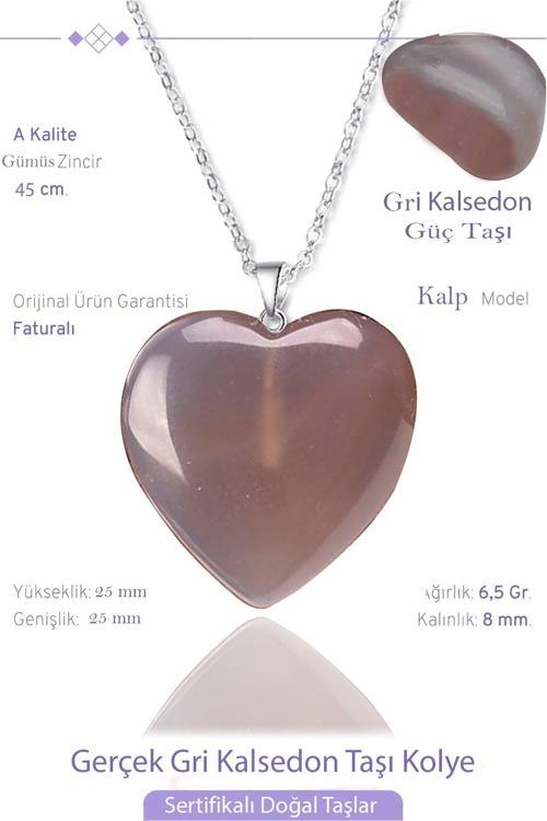 Sertifikalı Gerçek Kalp Model Gri Kalsedon Taşı Kolye