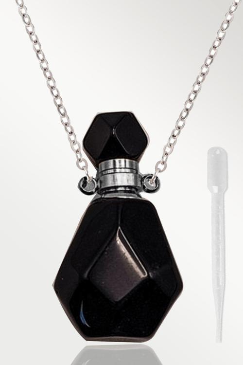 Sertifikalı Parfüm Şişe Tasarımlı Obsidyen Taşı Kolye - Gümüş Aparat