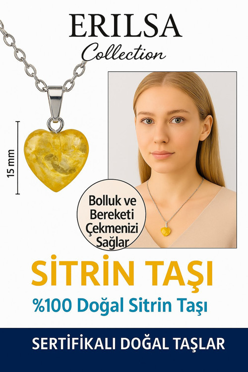Sertifikalı Kalp Model Mini Sitrin Taşı Kolye – Neşe, Bolluk ve Pozitif Enerji Taşı