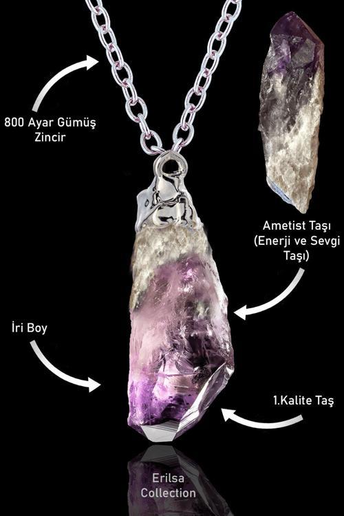 Sertifikalı Ham İşlenmemiş Ametist Taşı Kolye - XXL