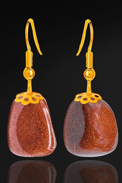 Sertifikalı Gold Tamburlanmış Kahverengi Yıldız Taşı Küpe