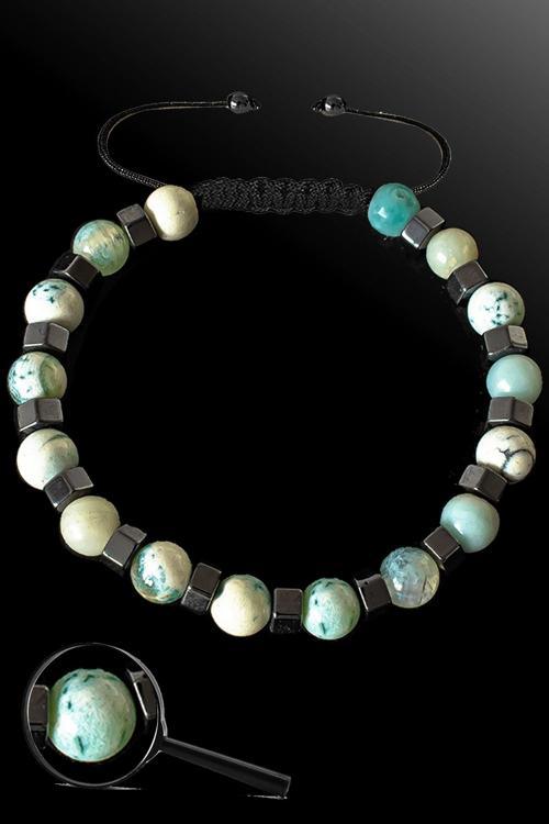 Sertifikalı Silver Hematitli 6 Mm Yeşil - Beyaz Akik Taşı Bileklik - Tibet Akiği