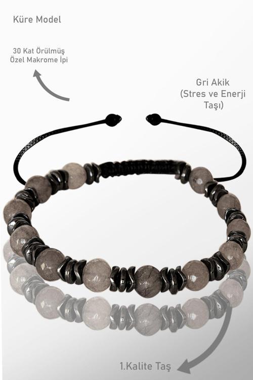 Sertfikalı Orijinal Fasetli Hematit - Gri Akik Taşı Bileklik - Ayarlamalı