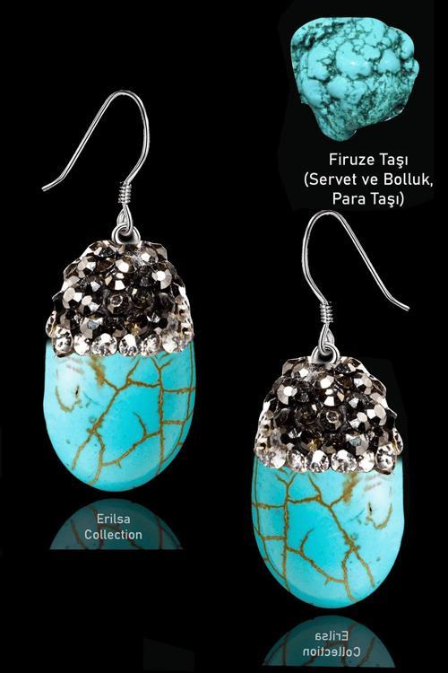Sertifikalı Zirkon Taşlı Oval Model Firuze Taşı Küpe (Turkuaz Taşı)