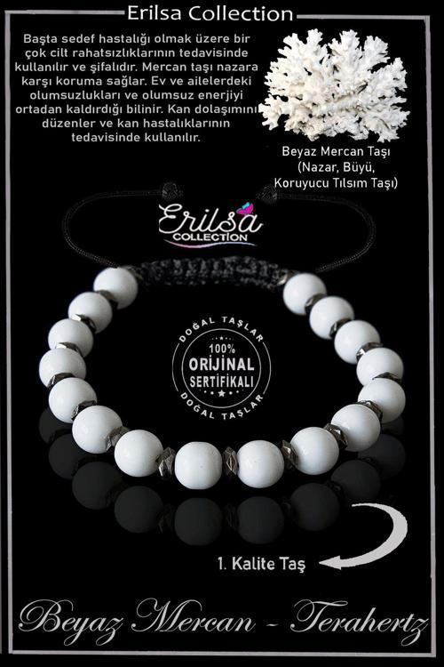Sertifikalı Gerçek Fasetli Hematit - Beyaz Mercan Taşı Bileklik - Ayarlamalı