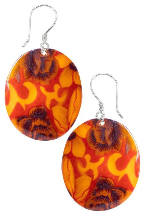 Sertifikalı Çiçek İşlemeli Turuncu-Mor Renkli Sedef Taşı Küpe