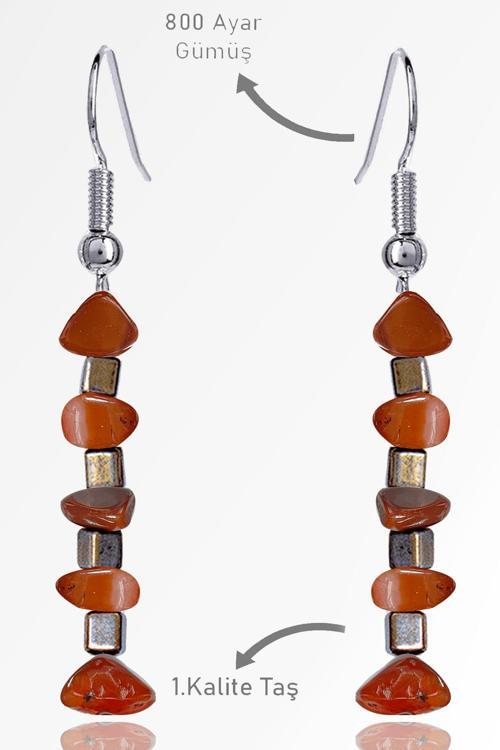 Sertifikalı Ham Kırık Taşlı Model Karnelyan Akik Taşı Küpe