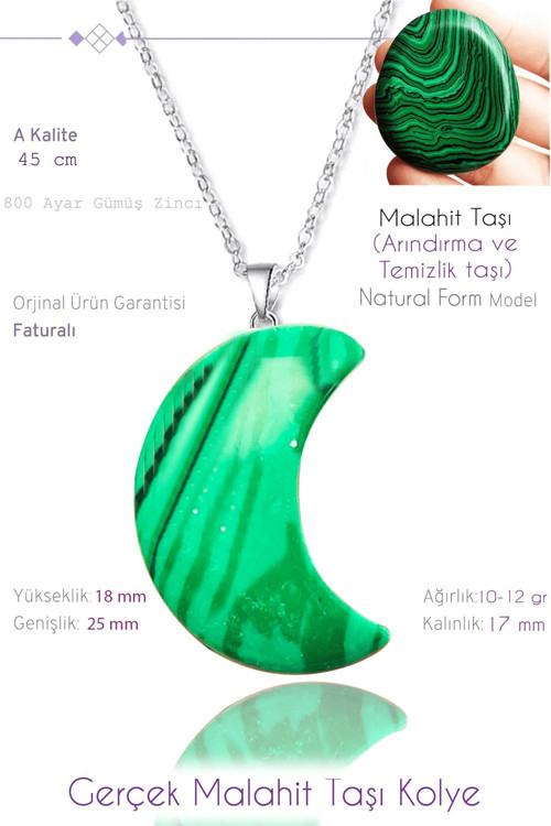 Sertifikalı Ay Model Gerçek Malahit Taşı Kolye