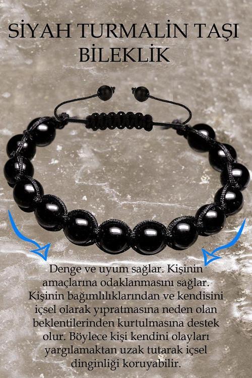 Sertifikalı A Kalite Siyah Turmalin Taşı Bileklik - Makrome