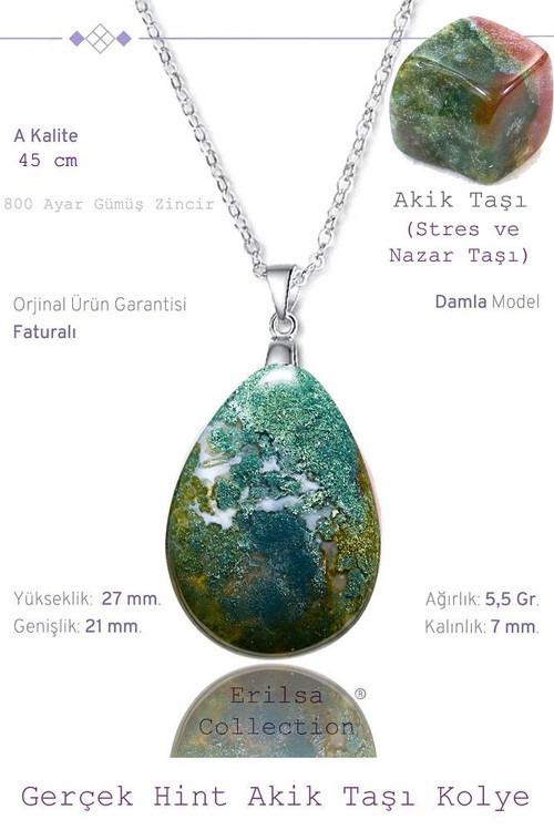 Sertifikalı Damla Model Yosunlu Hint Akik Taşı Kolye (GÜMÜŞ APARATLI)