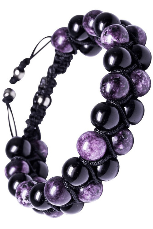 Sertifikalı Obsidyen - Ametist Taşı Bileklik - 8 mm Doğal Taş Terahertz Aparatlı Unisex El Yapımı