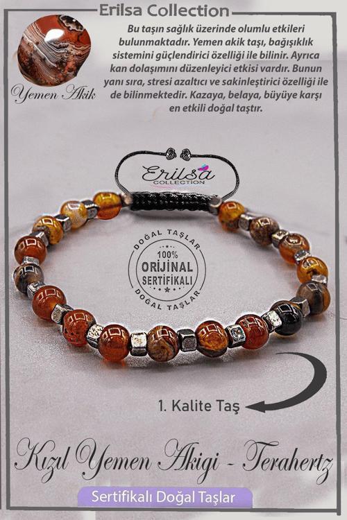 Sertifikalı AAA+ Kalite Gerçek Terahertz - Kızıl Yemen Akik Taşı Bileklik