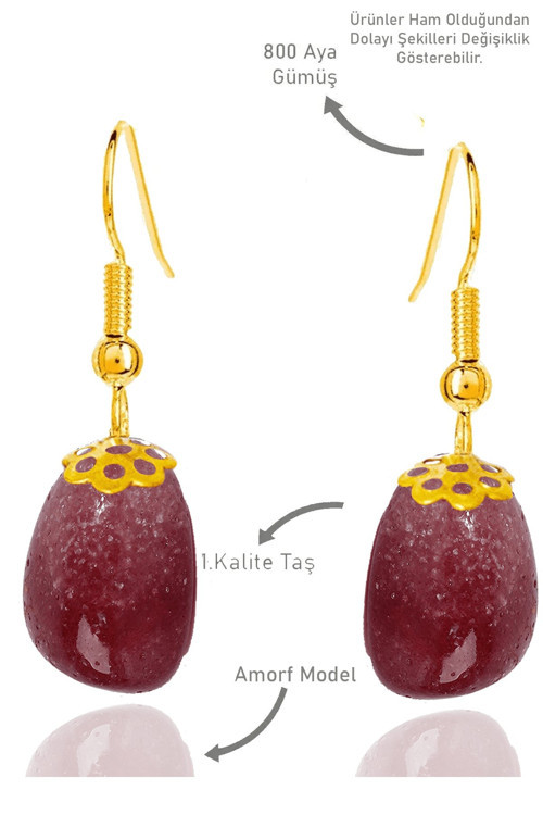 Sertifikalı Amorf Model Çilek Kuvars Taşı Küpe - Gold Renkli