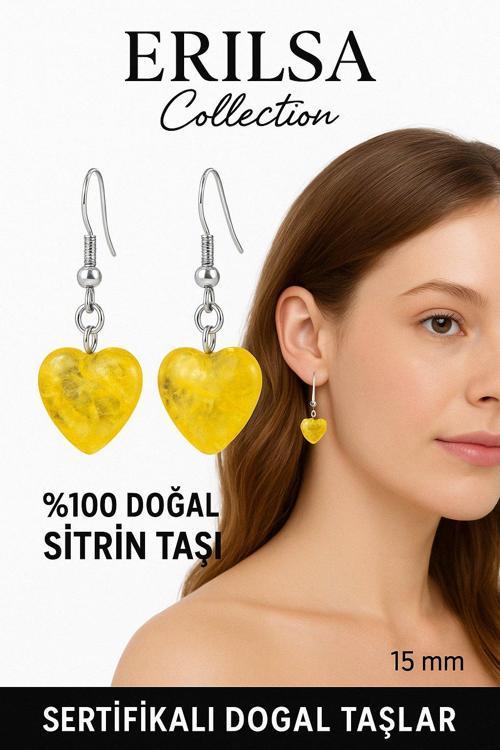 Sertifikalı Kalp Model Sitrin Taşı Küpe – Neşe, Bolluk ve Pozitif Enerji Taşı