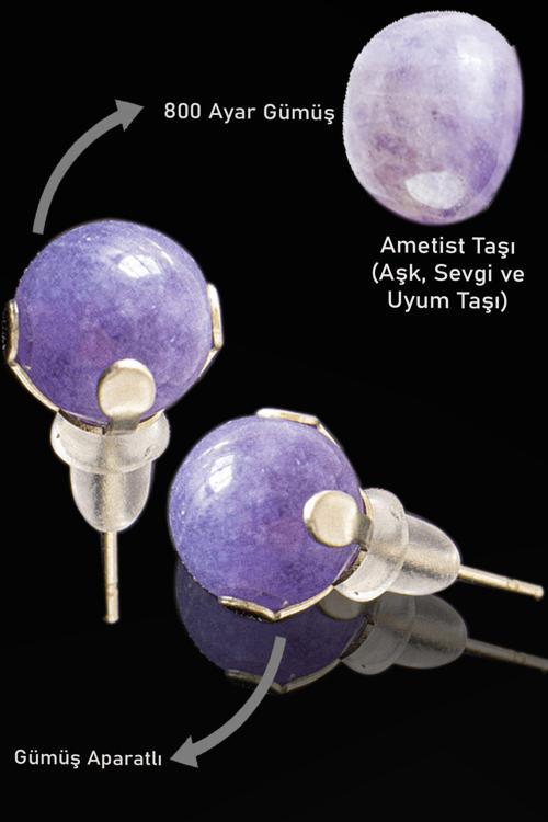 Sertifikalı Gerçek Ametist Taşı Nokta Doğal Taş Küpe