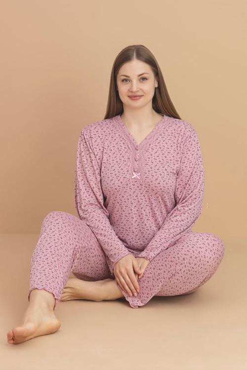 Kadın Büyük Beden Dantel Yaka Bambu Uzun Kol İnce Pijama Takımı 5920- 1 Adet
