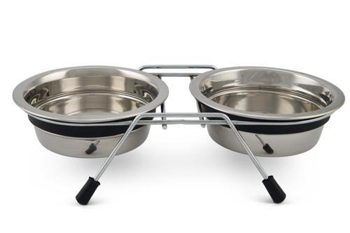 Köpek İkili Mama ve Su Kabı, Paslanmaz Çelik, Sessiz&Kaymaz, 13cm, 2x380ml