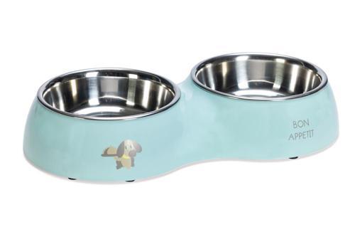 Köpek İkili Mama ve Su Kabı, Paslanmaz Çelik, Turkuaz, 34x17,5cm, 2x350ml