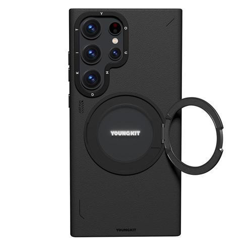 Galaxy S23 Ultra Kılıf M-safe Şarj Özellikli 360° Standlı Basit Mat Deri Desenli Youngkit Tech Leather Serisi Kapak