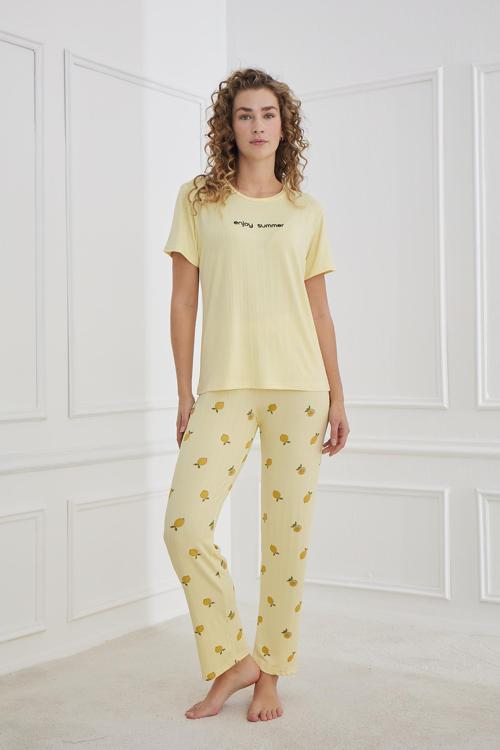 Kadın Limon Desenli Bisiklet Yaka Pijama Takım | Sarı 80601-1238