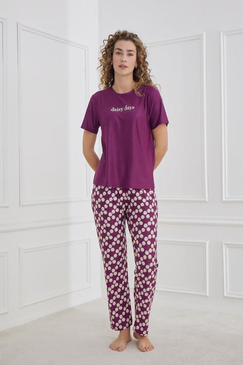 Kadın Papatya Desenli Bisiklet Yaka Pijama Takım | Mor 30102-1284