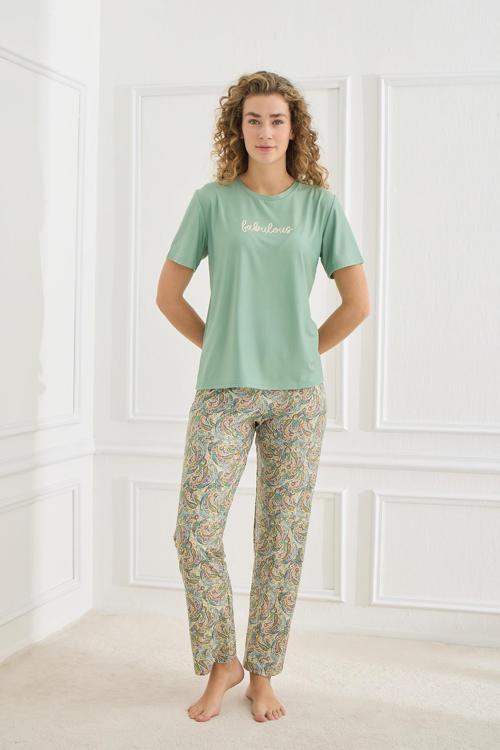 Kadın Şal Desenli Bisiklet Yaka Pijama Takım | Mint 30102-964