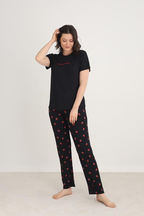 Kadın Çiçek Desenli Bisiklet Yaka Pijama Takım | Siyah 80601-1273
