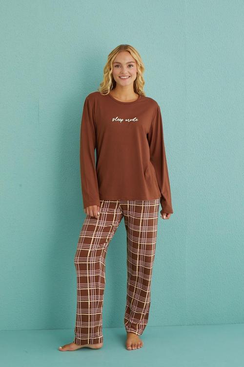 Kadın Genç Bisiklet Yaka Uzun Kollu Pijama Takımı | Kahverengi 50902-53