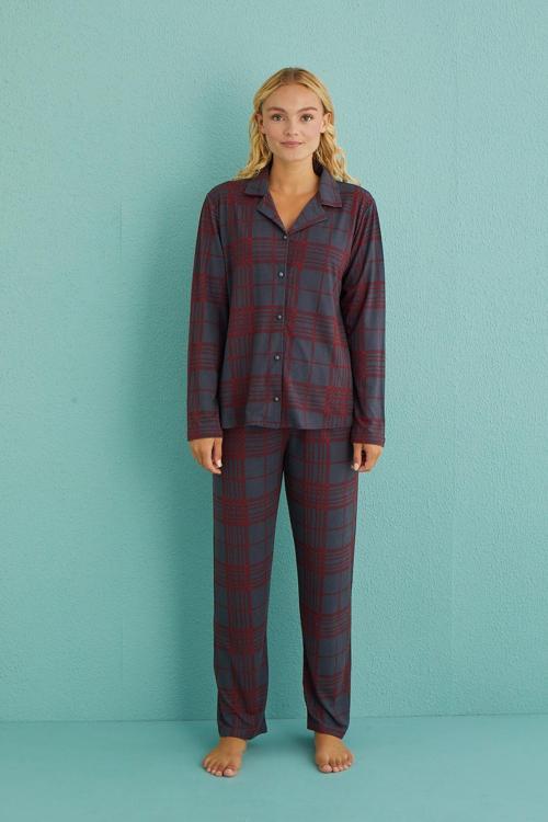 Kadın Genç Önden Düğmeli Uzun Kollu Pijama Takımı | Füme 50701-62