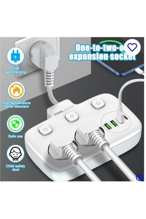 Akım Korumalı 2'li Ayrı Anahtarlı Priz, 2x Priz, 3x USB, 1x Type-C, 2 mt Kablo, Hızlı Şarj