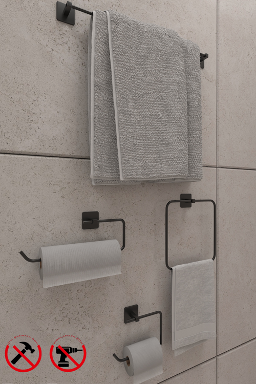 Jasmin Kare Siyah Yapışkanlı 4'lü Banyo Seti - Kağıtlık, Solo Havluluk, Kare Havluluk, Uzun Havluluk